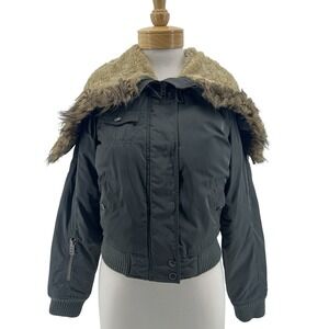 Y2K American Eagle Cropped Bomber Jacket M Gray Military Fur Convertible Hood